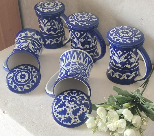 Handmade concave blue pottery mugs with lids | Bundle Deals 6 Mugs set | Tea, Coffee, Juice Mugs