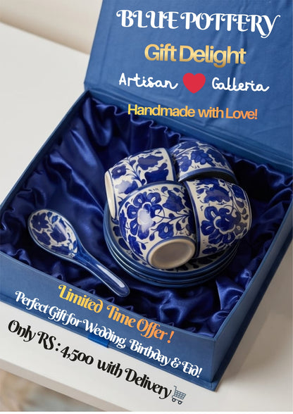 Ceramic Handmade Blue Pottery Tea Cups with Saucer Plates Gift Box🎁