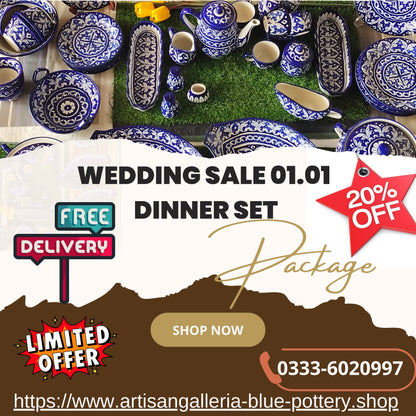Customized Handmade Ghauri Blue Dinner Set | 6 Men Set | 45 Pcs | Tableware | Free Delivery