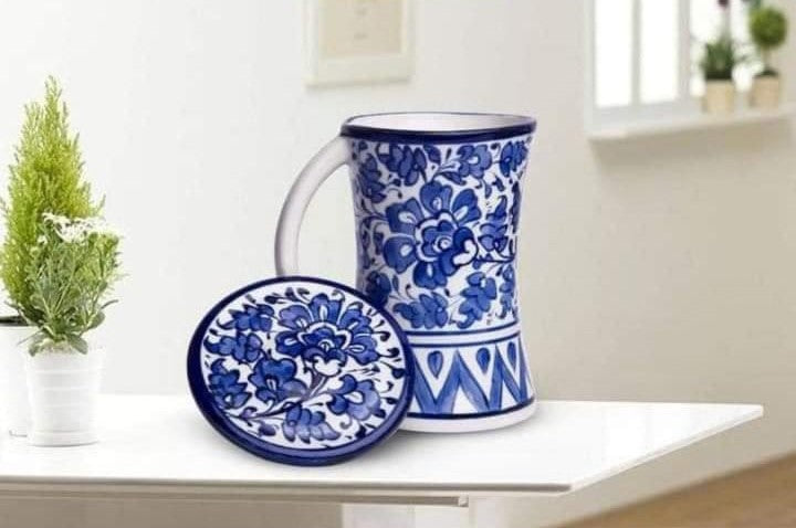 Ceramic Handmade concave blue pottery mug with lid