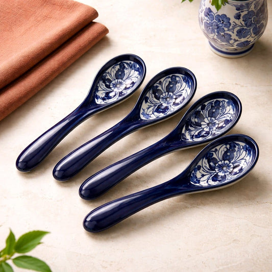 Ceramic Handmade Serving Salan Spoon Blue Pottery | (Large Size)