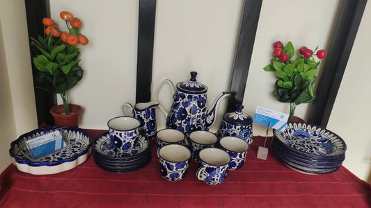 Handmade Ceramic Blue Pottery Tea Set | Quantity 15 pcs