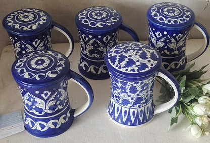 Handmade concave blue pottery mugs with lids | Bundle Deals 6 Mugs set | Tea, Coffee, Juice Mugs