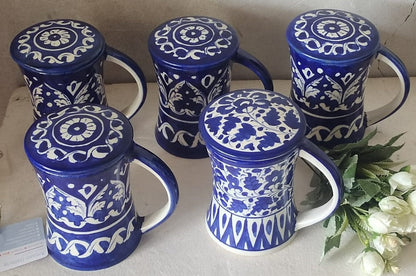 Handmade concave blue pottery mugs with lids | Bundle Deals 6 Mugs set | Tea, Coffee, Juice Mugs