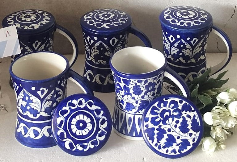 Handmade concave blue pottery mugs with lids | Bundle Deals 6 Mugs set | Tea, Coffee, Juice Mugs