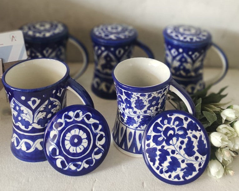 Handmade concave blue pottery mugs with lids | Bundle Deals 6 Mugs set | Tea, Coffee, Juice Mugs