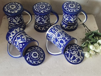 Handmade concave blue pottery mugs with lids | Bundle Deals 6 Mugs set | Tea, Coffee, Juice Mugs