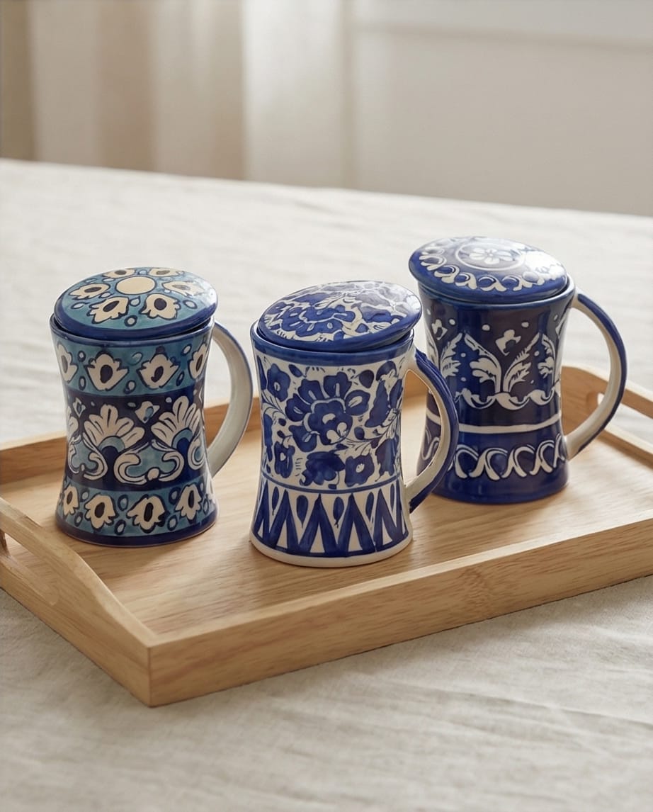 Ceramic Handmade concave blue pottery mug with lid