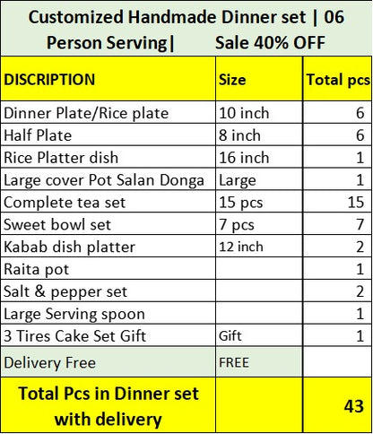 Ceramic Handmade Customized Dinner Set Quantity 43 Pcs, Mother's Day Sale Offer🎁