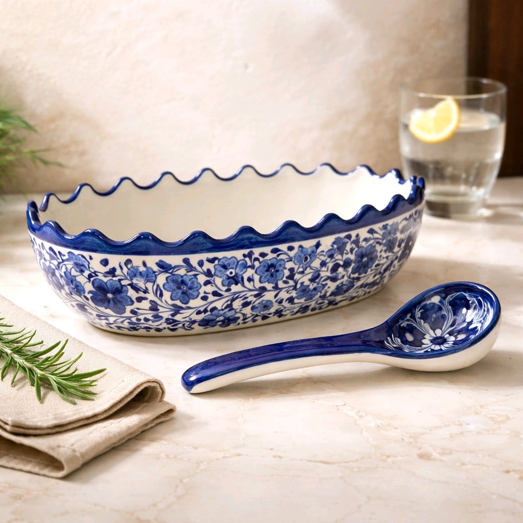 Ceramic Handmade Serving Salan Spoon Blue Pottery | (Large Size)