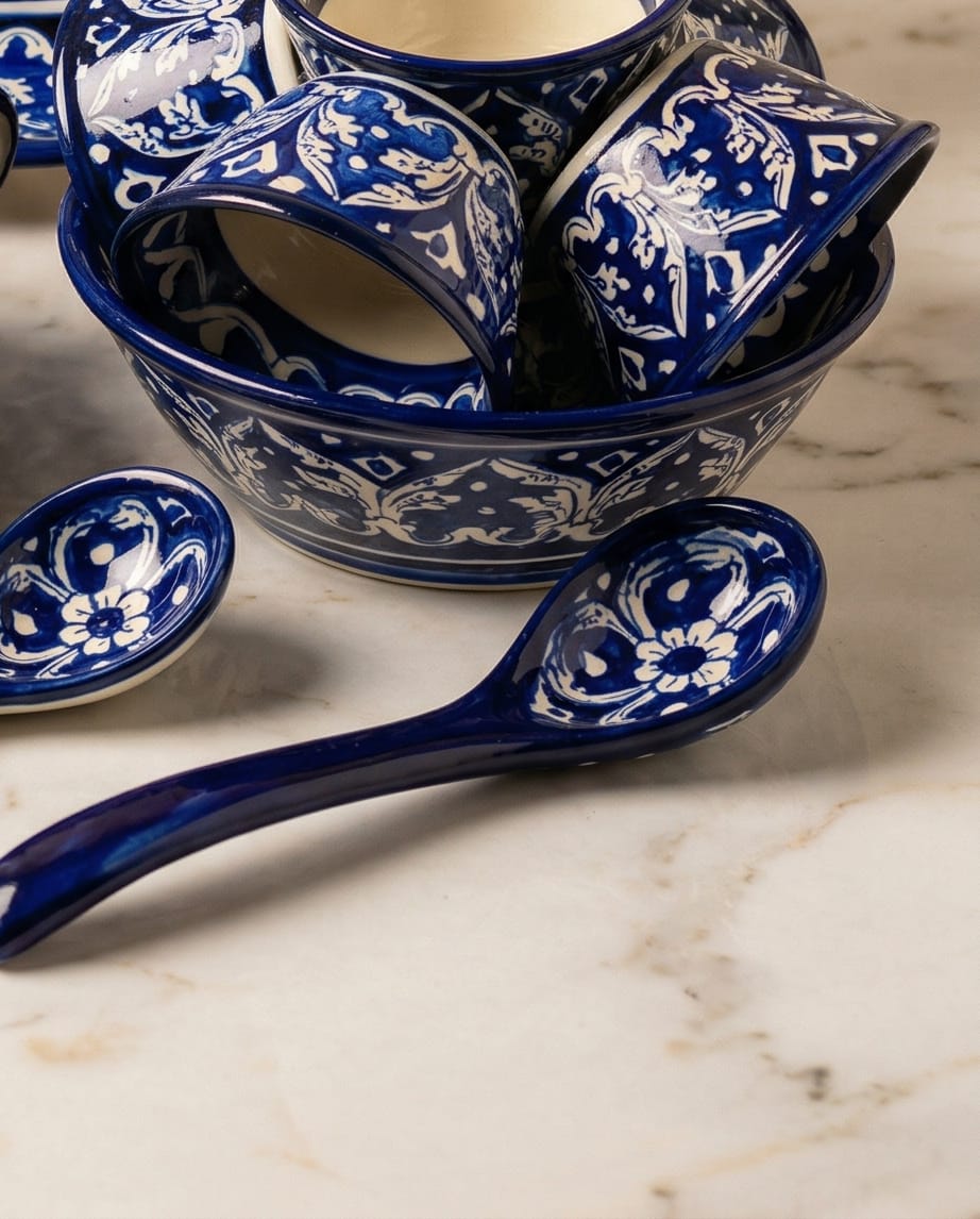 Ceramic Handmade Serving Salan Spoon Blue Pottery | (Large Size)