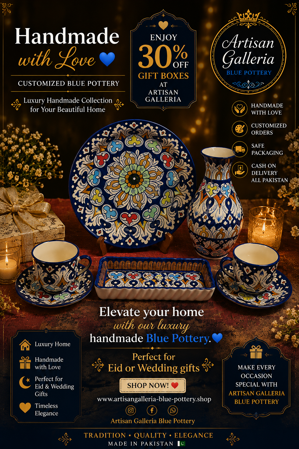 Ceramic Handmade Luxury Blue Pottery Eid or Wedding Gift Box🎁