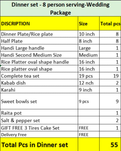 Customized Handmade Blue Ghauri Dinner Set | 8 Men Set | 55 Pcs | Tableware | Free Delivery