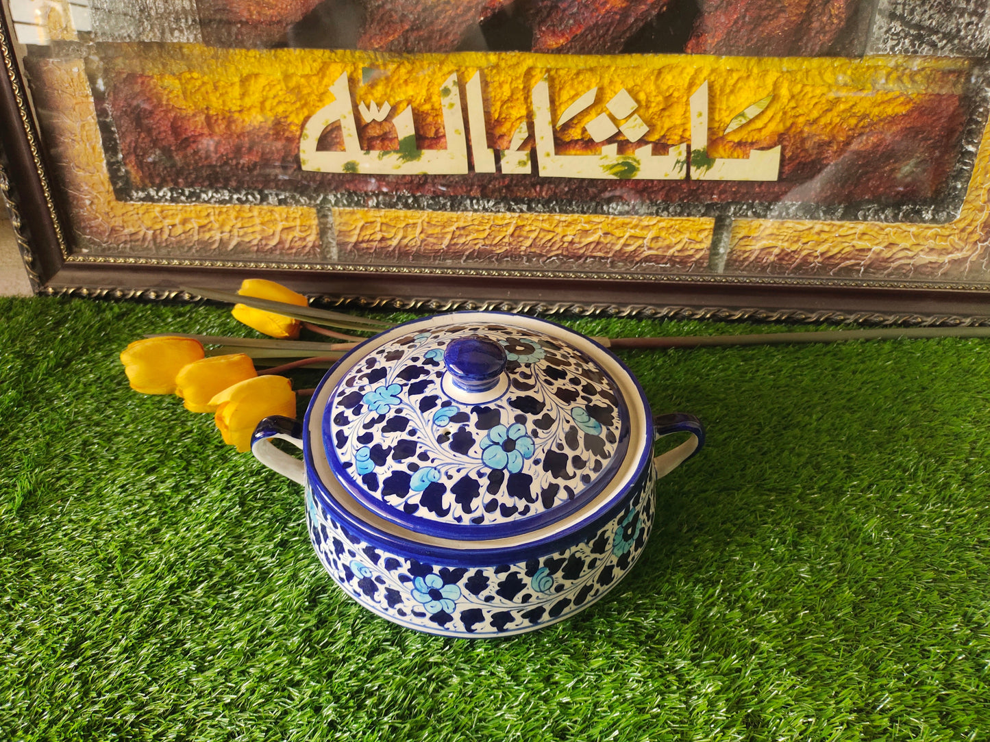Ceramic Handmade Salan Donga | Serving Bowl Lid cover and Handle | Multani Design | Size Large 9 inch