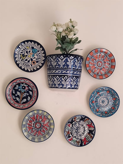 Handmade Customized Wall Hanging Plates Blue Pottery | 7 pcs set
