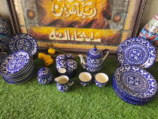 Ceramic Handmade Complete Tea Set with Serving Dinner / Rice Plates and Deep Plates [ qty 31 pcs] Design Ghauri