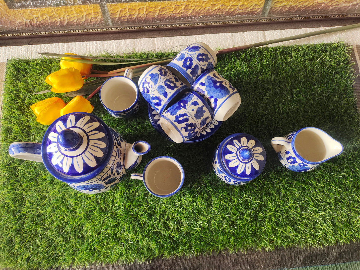 Ceramic Handmade Blue Pottery Tea Set  | Quantity 15 pcs