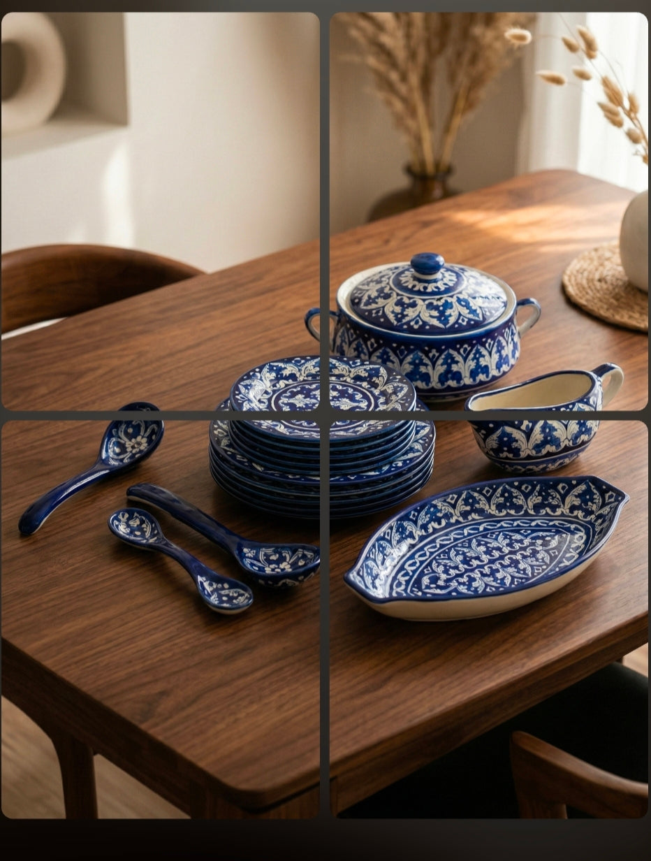 Ceramic Handmade Blue Pottery Dinner Set | 6 Men Set