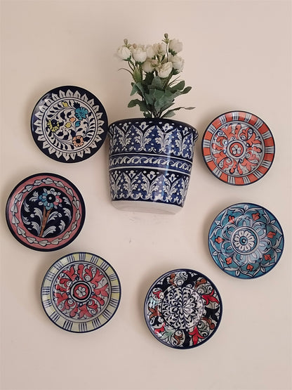 Handmade Customized Wall Hanging Plates Blue Pottery | 7 pcs set