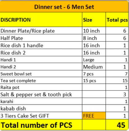 Customized Handmade Ghauri Blue Dinner Set | 6 Men Set | 45 Pcs | Tableware | Free Delivery