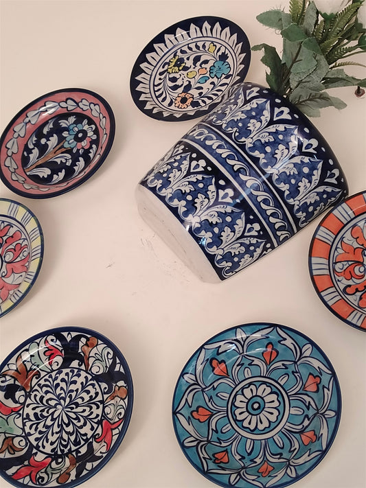 Handmade Customized Wall Hanging Plates Blue Pottery | 7 pcs set