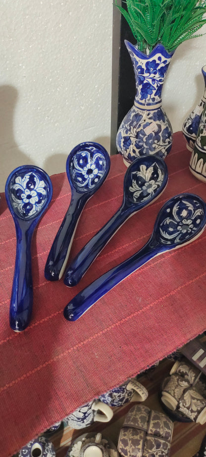 Ceramic Handmade Serving Spoon Blue Pottery | (Large Size)