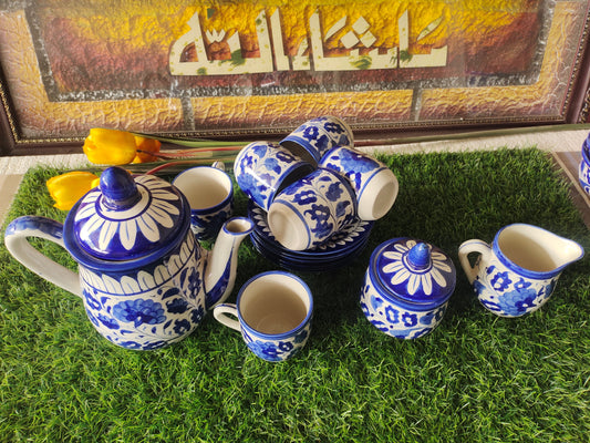 Ceramic Handmade Blue Pottery Tea Set  | Quantity 15 pcs