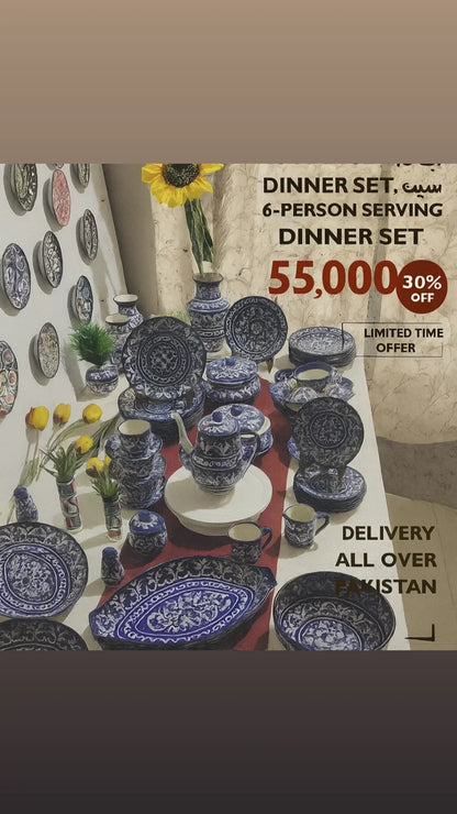 Customized Handmade Ghauri Blue Dinner Set | 6 Men Set | 53 Pcs | Tableware | Free Delivery