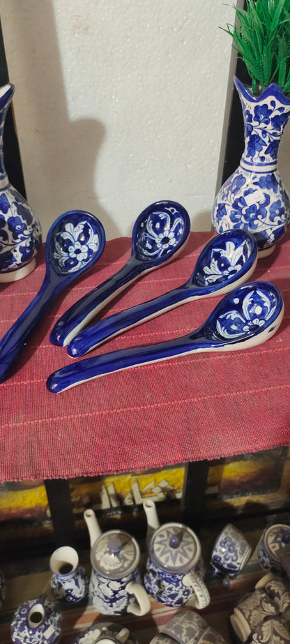 Ceramic Handmade Serving Spoon Blue Pottery | (Large Size)