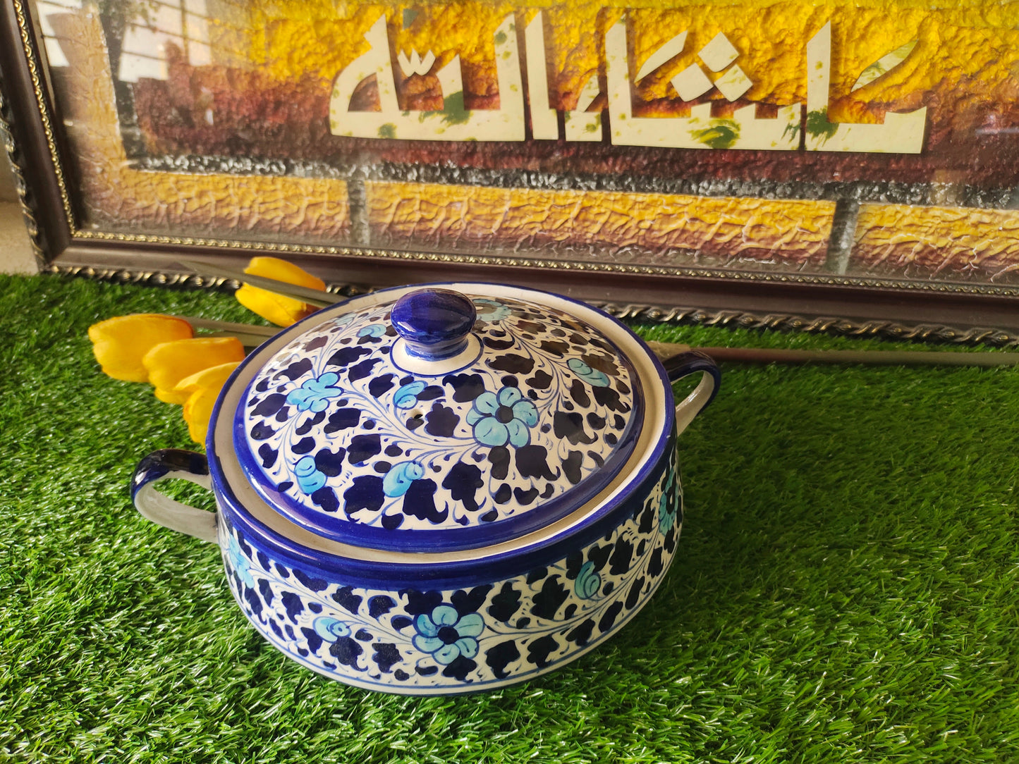Ceramic Handmade Salan Donga | Serving Bowl Lid cover and Handle | Multani Design | Size Large 9 inch